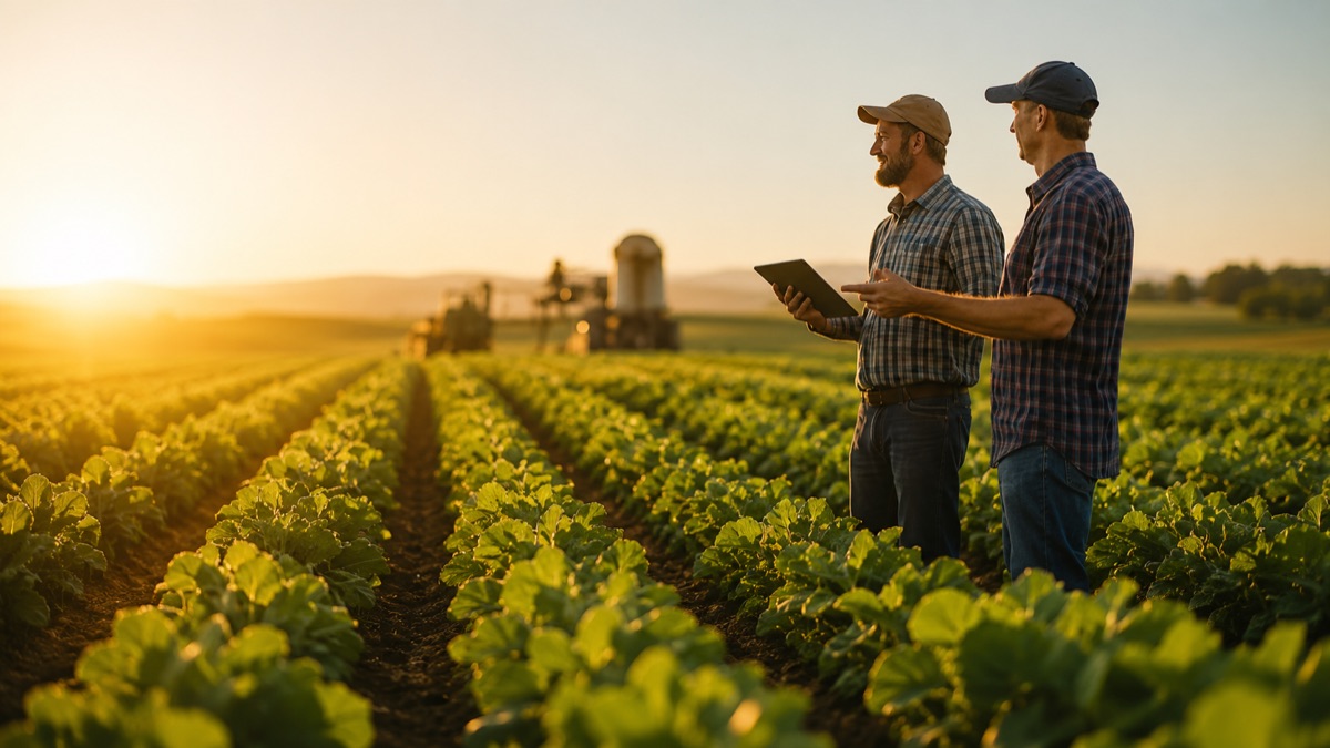 Produtores no campo consultando um tablet